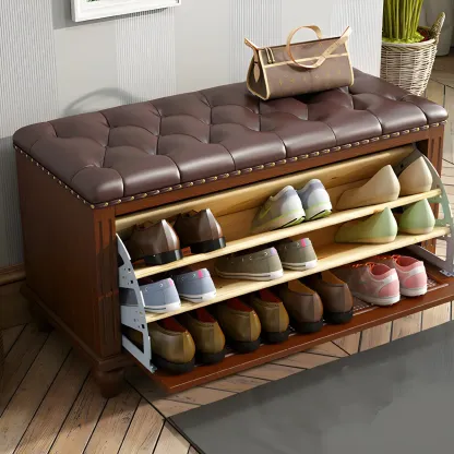 Tufted White Upholstered Entryway Bench with Shoe Storage Image - 8