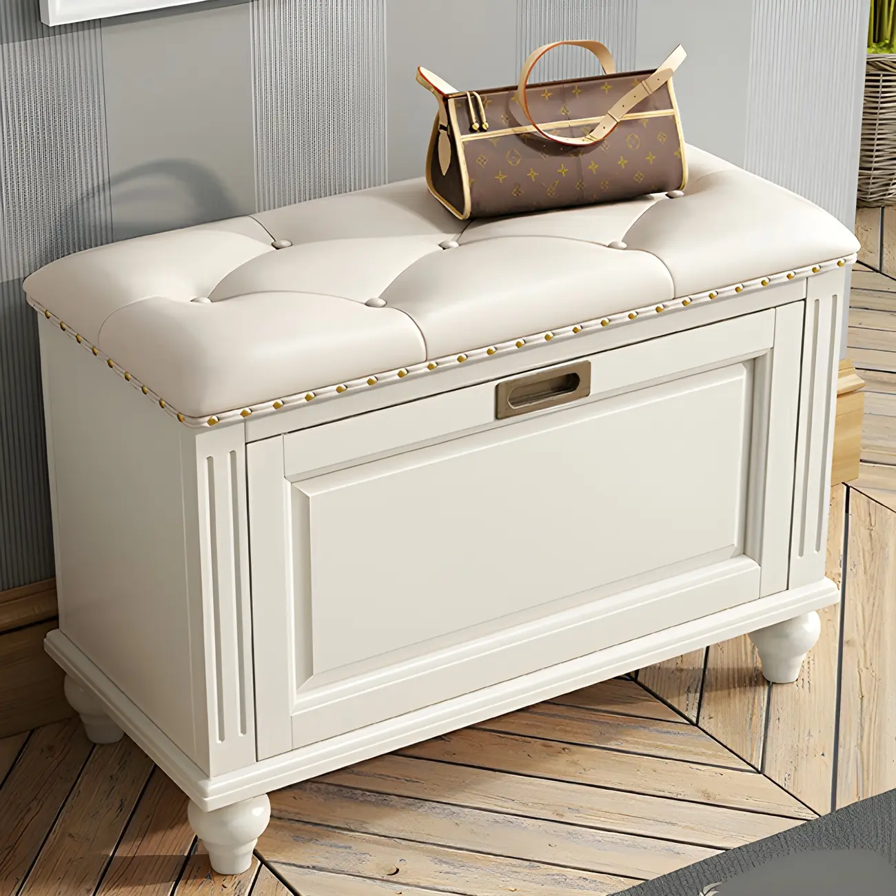 Tufted White Upholstered Entryway Bench with Shoe Storage Image - 6 | homeyfad