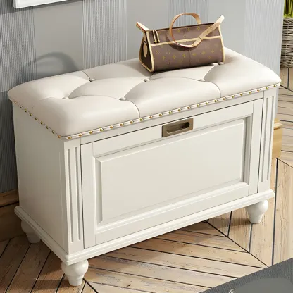Tufted White Upholstered Entryway Bench with Shoe Storage Image - 6