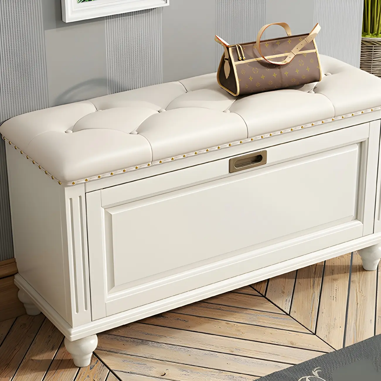Tufted White Upholstered Entryway Bench with Shoe Storage Image - 7 | homeyfad