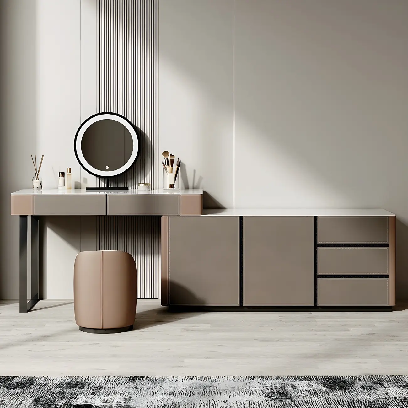 Grey Timber Storage Makeup Vanity with Stone Top Image - 1 | homeyfad