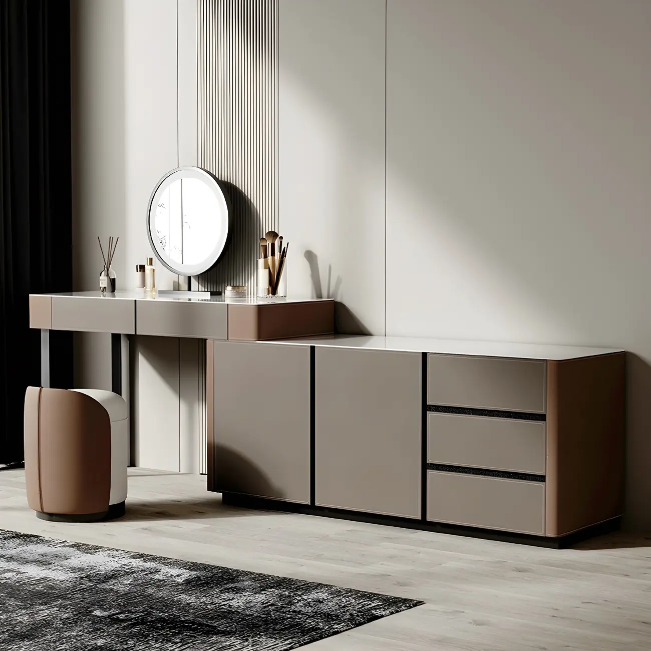 Grey Timber Storage Makeup Vanity with Stone Top Image - 2 | homeyfad