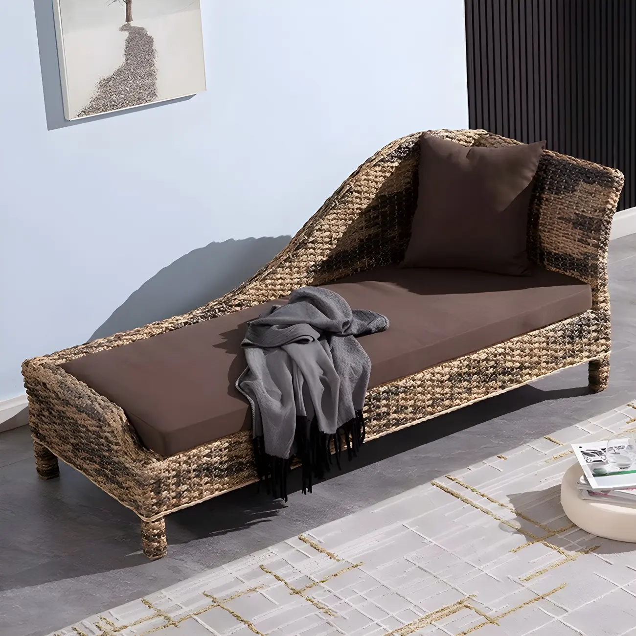 Rustic Brown Wicker Chaise Lounge with Removable Cushion Image - 1 | homeyfad