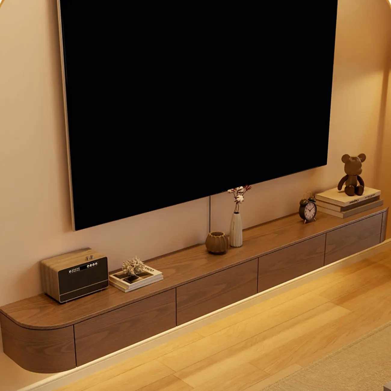 Scandinavian Wood Wall-mounted TV Stand with Lift Drawers Image - 2 | homeyfad