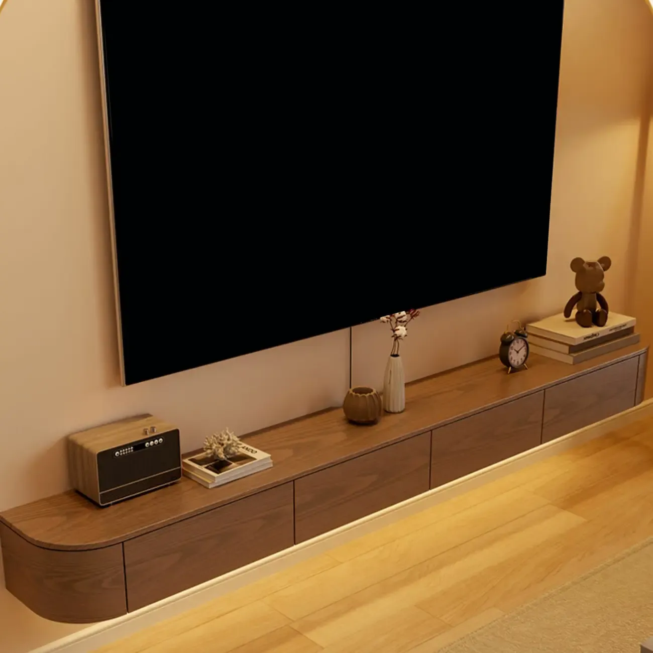 Scandinavian Wood Wall-mounted TV Stand with Lift Drawers Image - 2