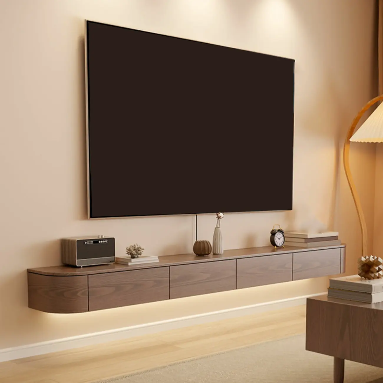 Scandinavian Wood Wall-mounted TV Stand with Lift Drawers Image - 1 | homeyfad