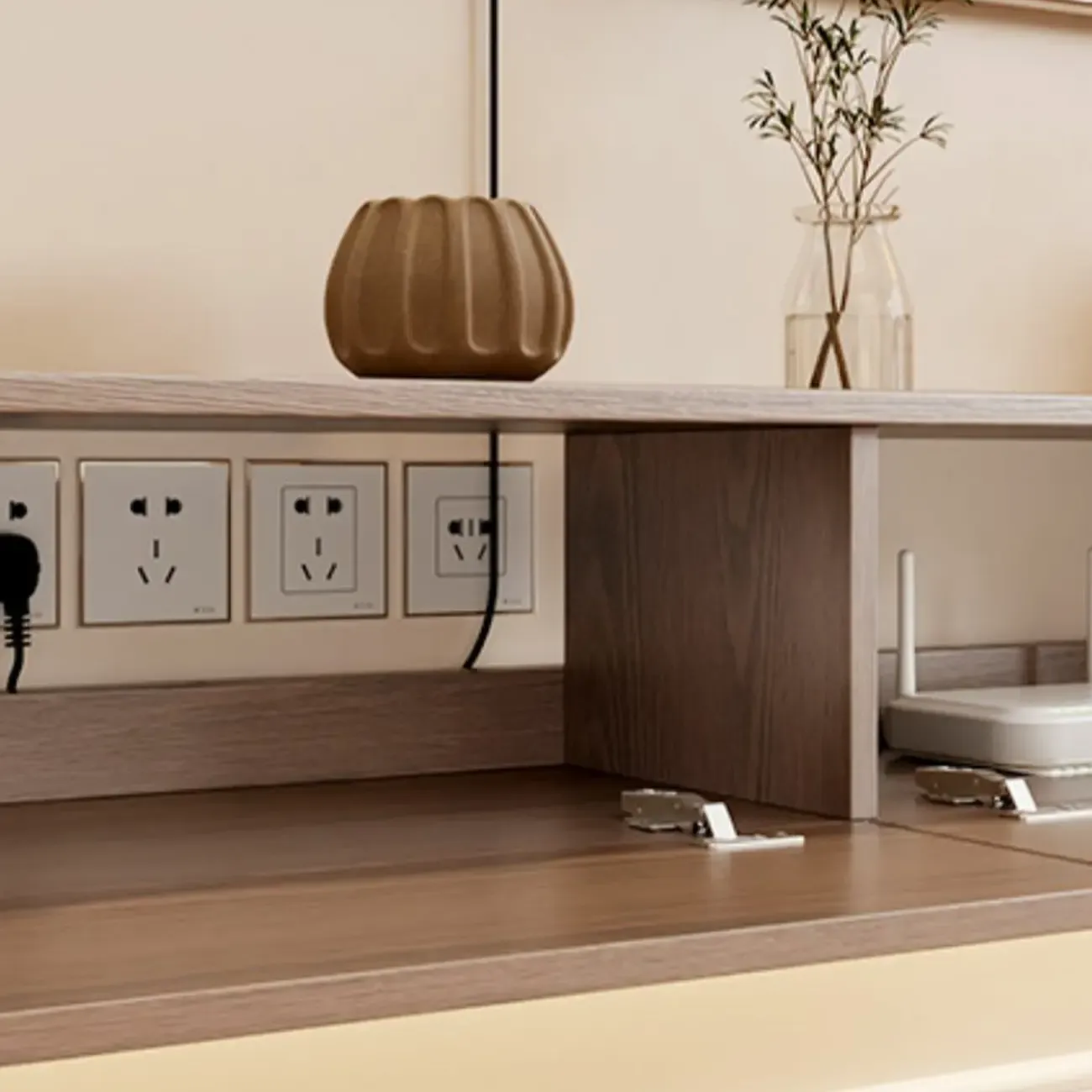 Scandinavian Wood Wall-mounted TV Stand with Lift Drawers Image - 4