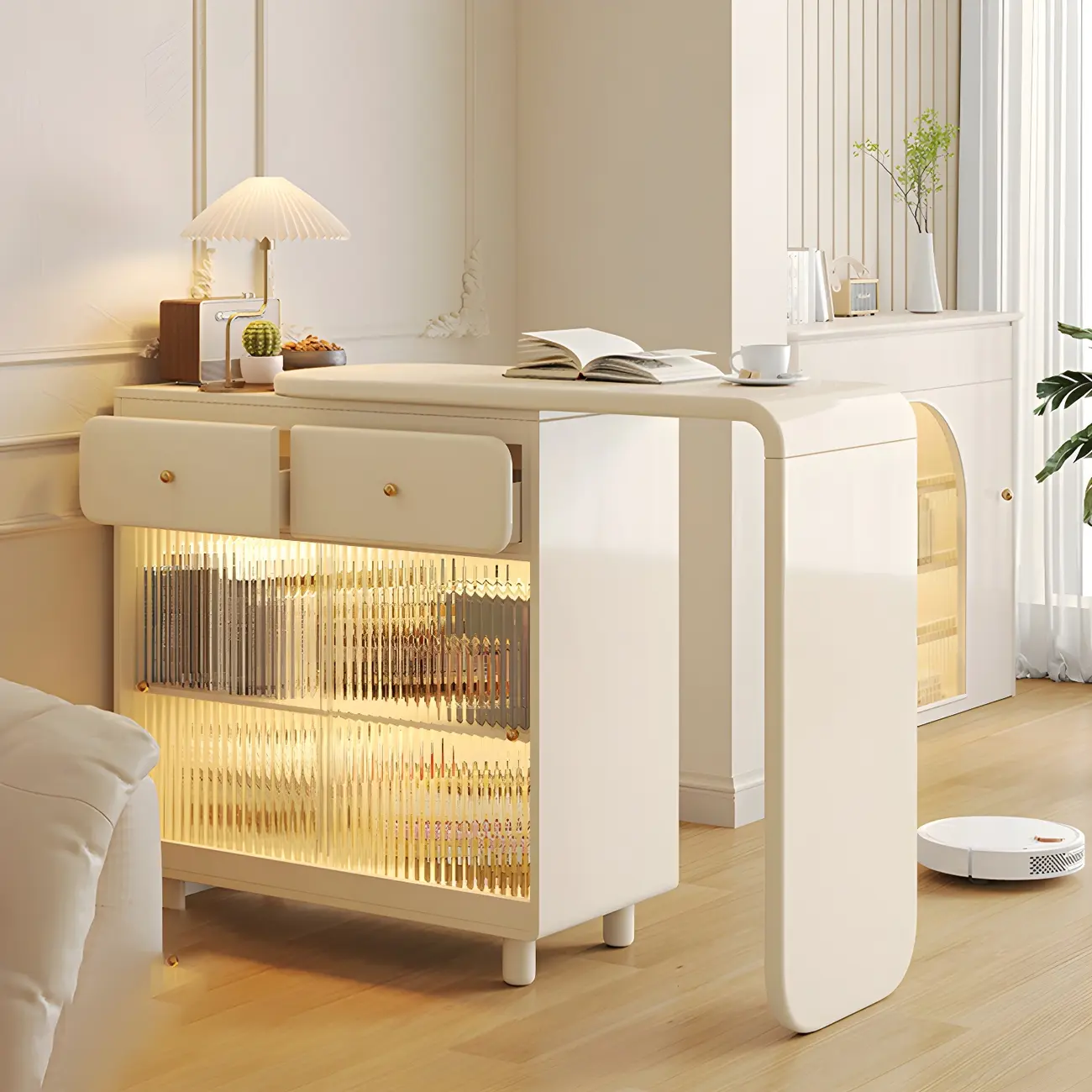 Scandinavian White Wood Glass Storage Extendable Bar Tables Image - 1 | homeyfad