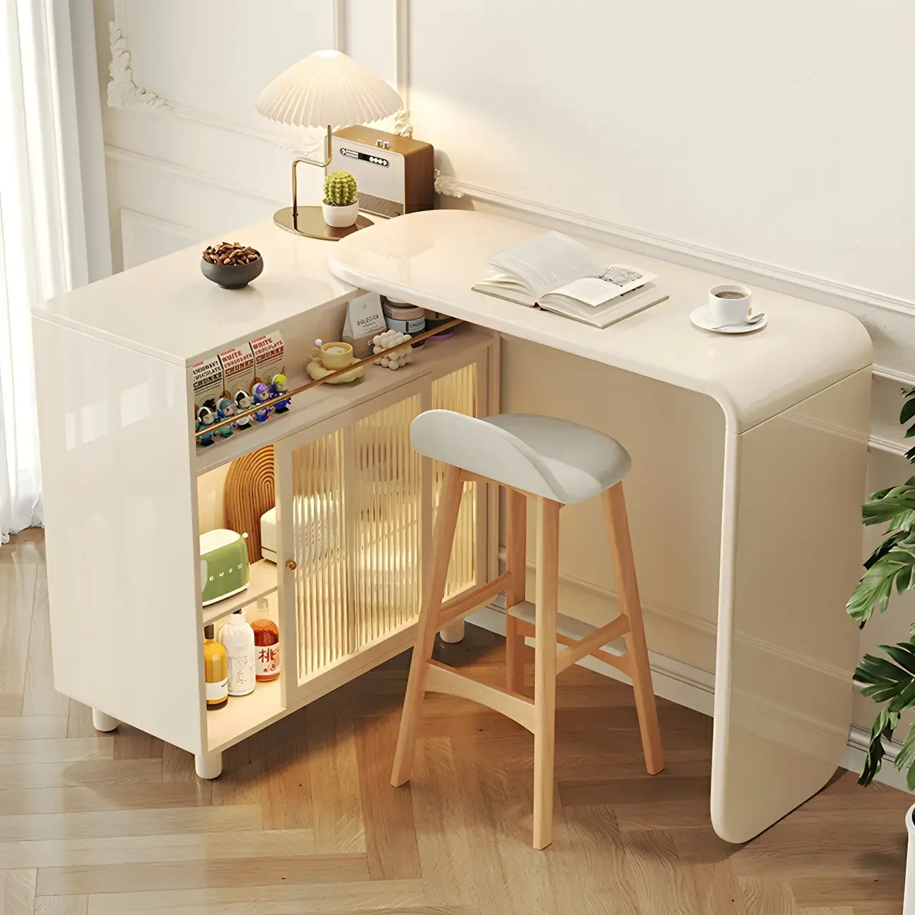 Scandinavian White Wood Glass Storage Extendable Bar Tables Image - 4