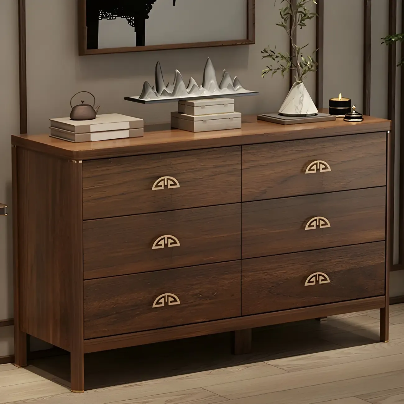 Traditional Brown Wooden Double Dresser with Soft Close Drawers Image - 7