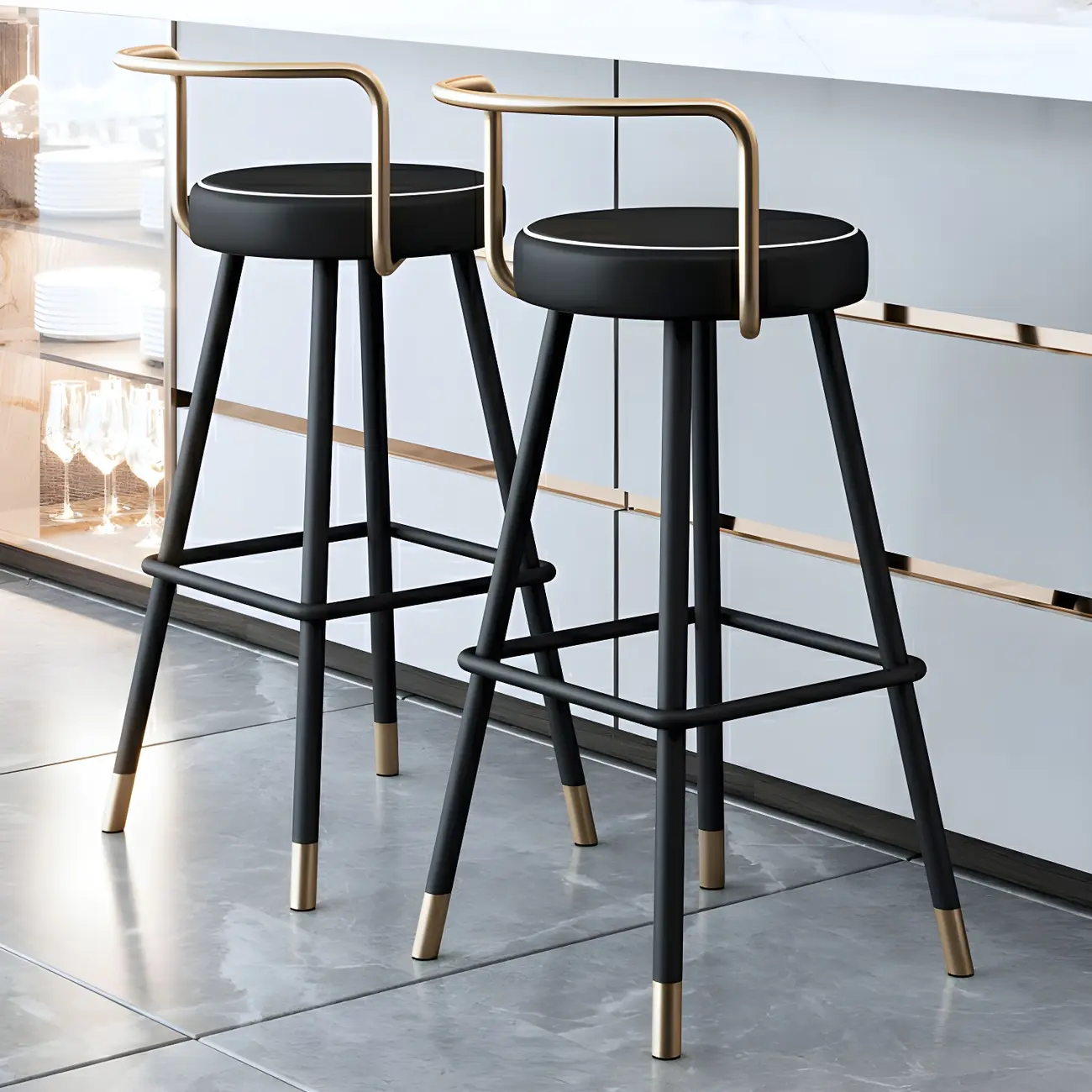 Black Round Low Back Faux Leather Counter Bar Stools Image - 1 | homeyfad