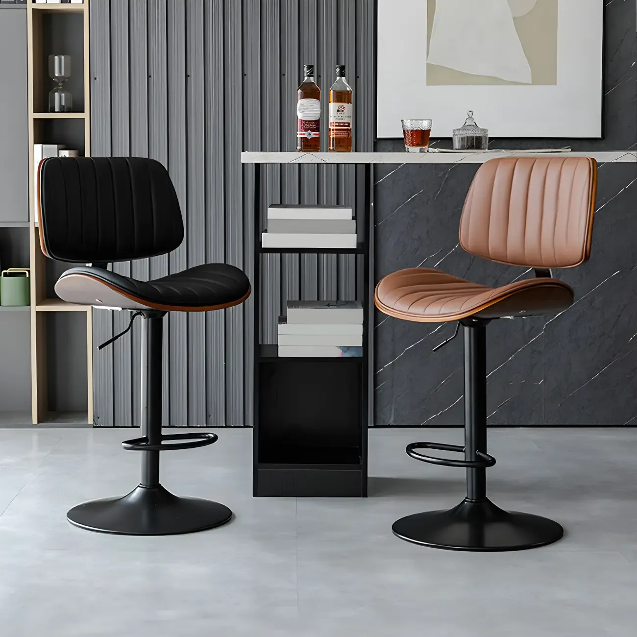 Modern Faux Leather Adjustable Swivel Bar Stools Image - 5