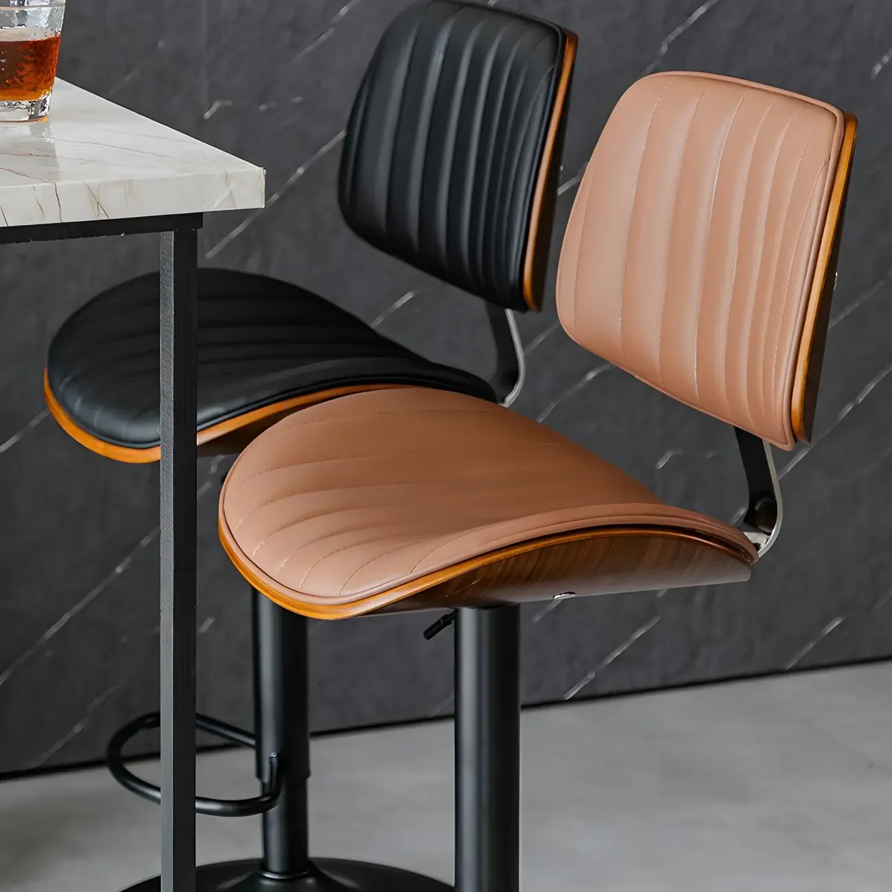 Modern Faux Leather Adjustable Swivel Bar Stools Image - 9