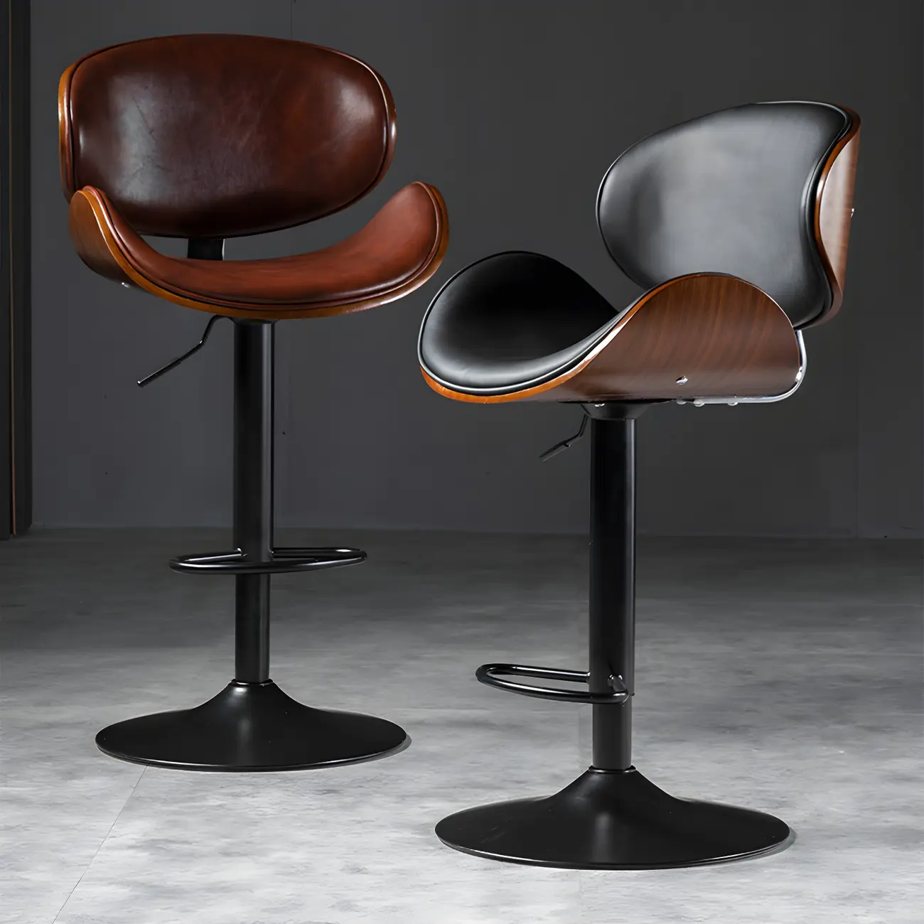 Vintage Leather Height-Adjustable Swivel Bar Stools with Footrest Image - 1 | homeyfad