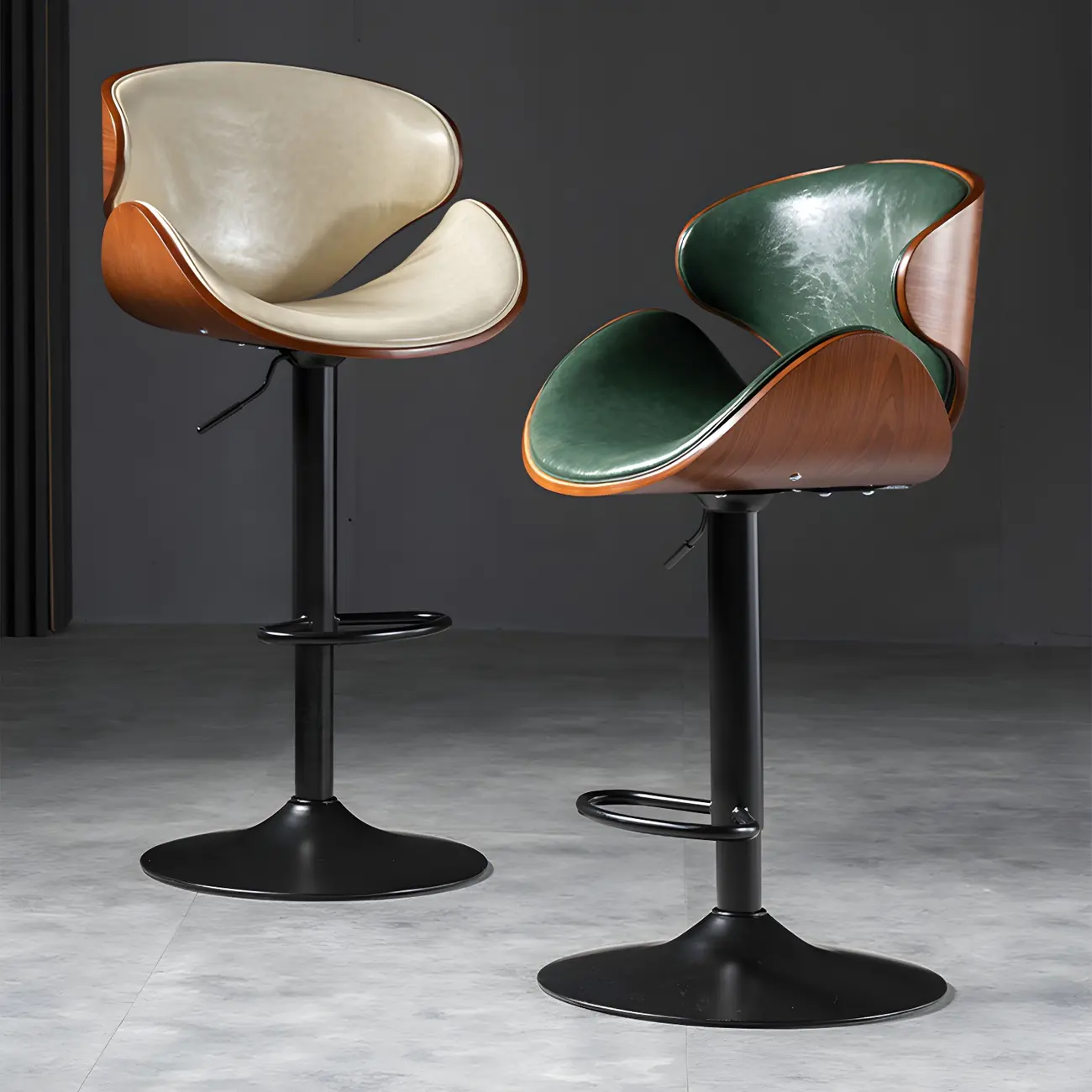 Vintage Leather Height-Adjustable Swivel Bar Stools with Footrest Image - 2 | homeyfad