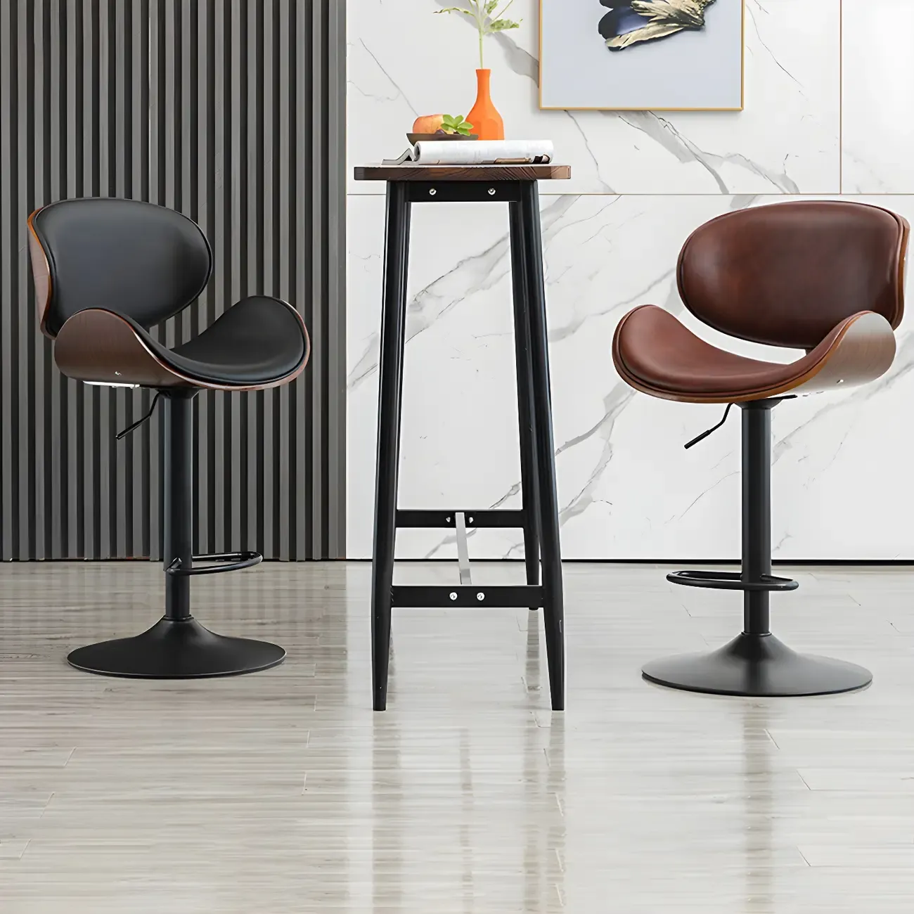 Vintage Leather Height-Adjustable Swivel Bar Stools with Footrest Image - 15