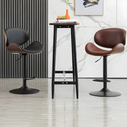 Vintage Leather Height-Adjustable Swivel Bar Stools with Footrest Image - 15