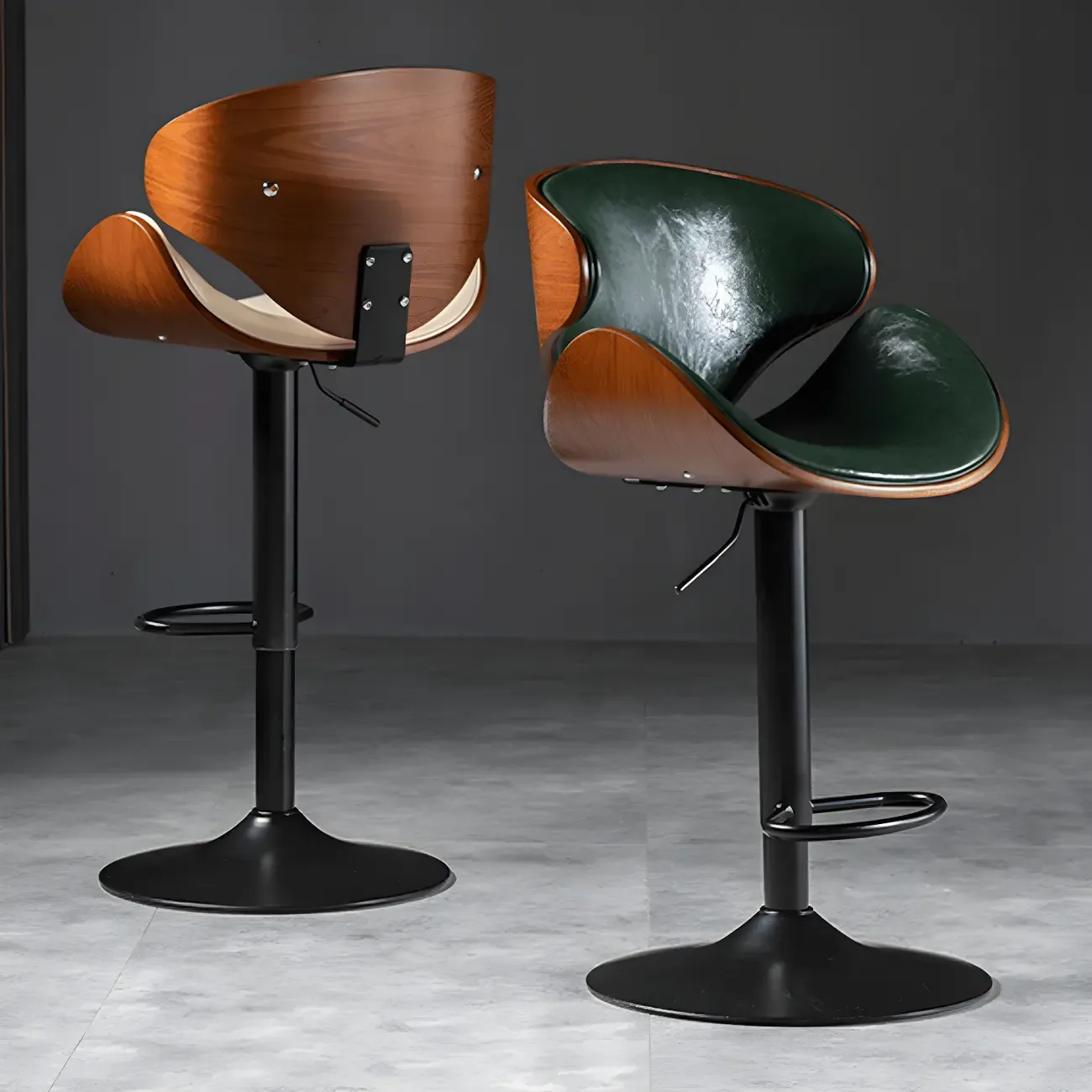 Vintage Leather Height-Adjustable Swivel Bar Stools with Footrest Image - 17
