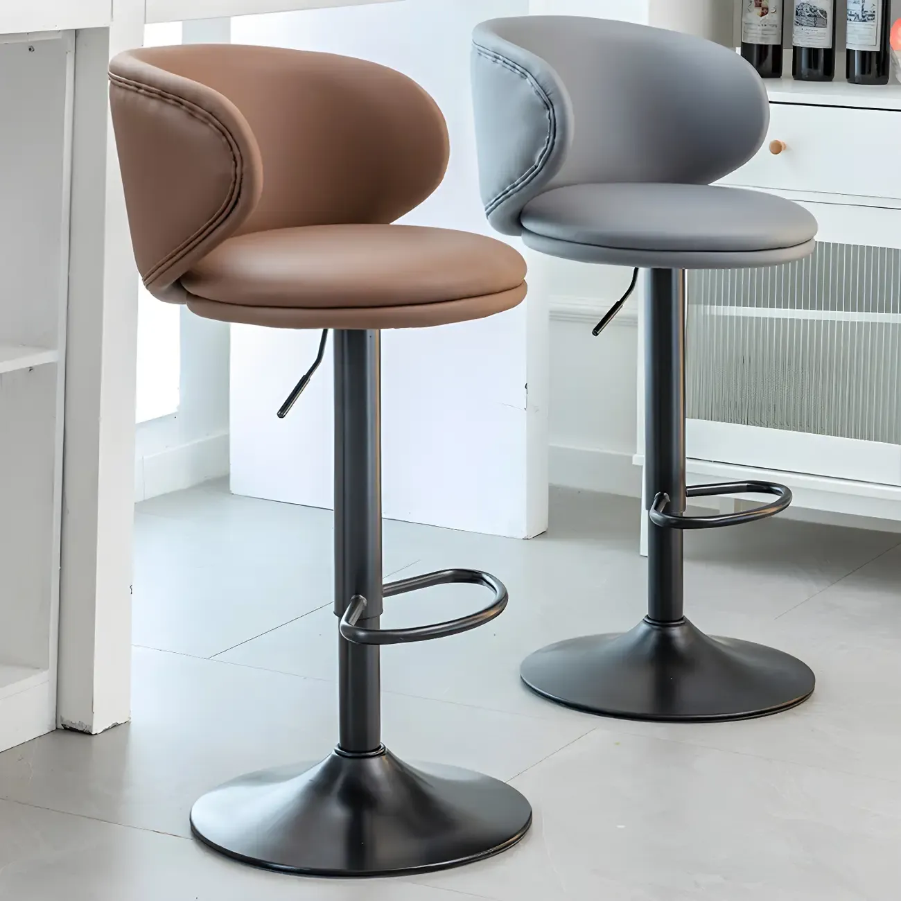 Traditional Upholstered Bar Stools with Height-Adjustable Seat Image - 5