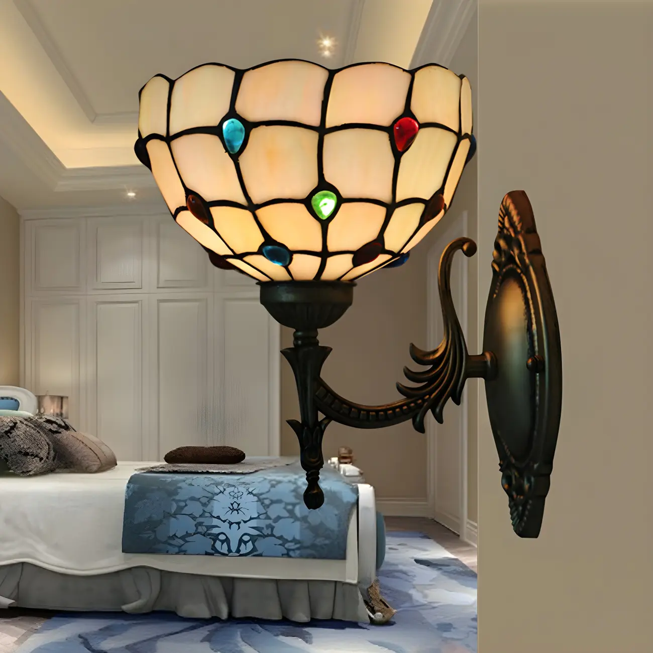 Vintage Tiffany Style Glass Bronze Wall Sconce Light Image - 5 | homeyfad