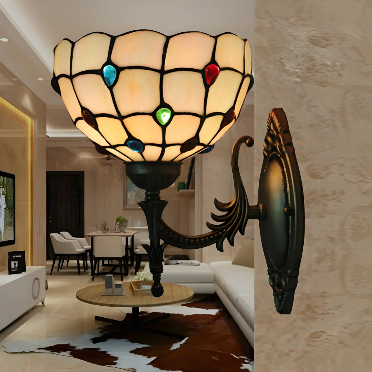 Vintage Tiffany Style Glass Bronze Wall Sconce Light Image - 6 | homeyfad