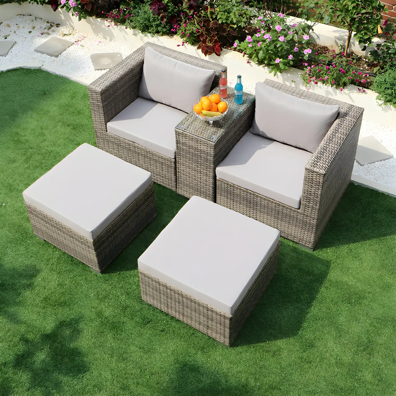 Brown Wicker Outdoor Sofa with Waterproof Cushions Image - 2 | homeyfad