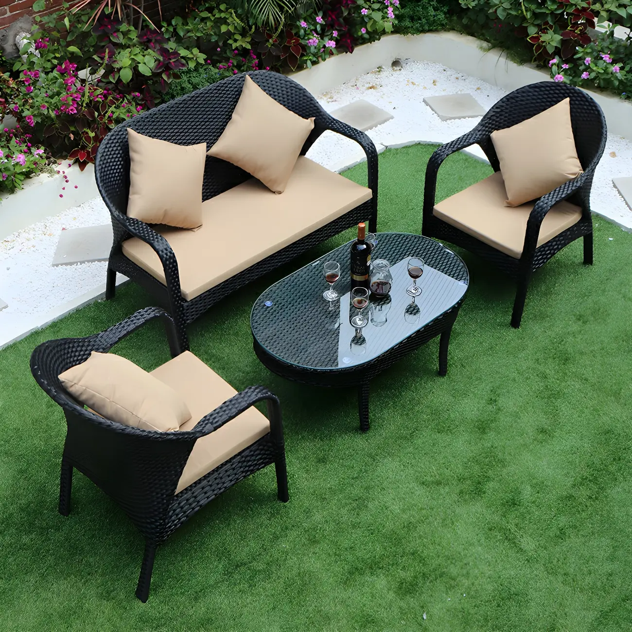 Symmetrical Modern Black Wicker Outdoor Sofa in Waterproof Image - 1 | homeyfad
