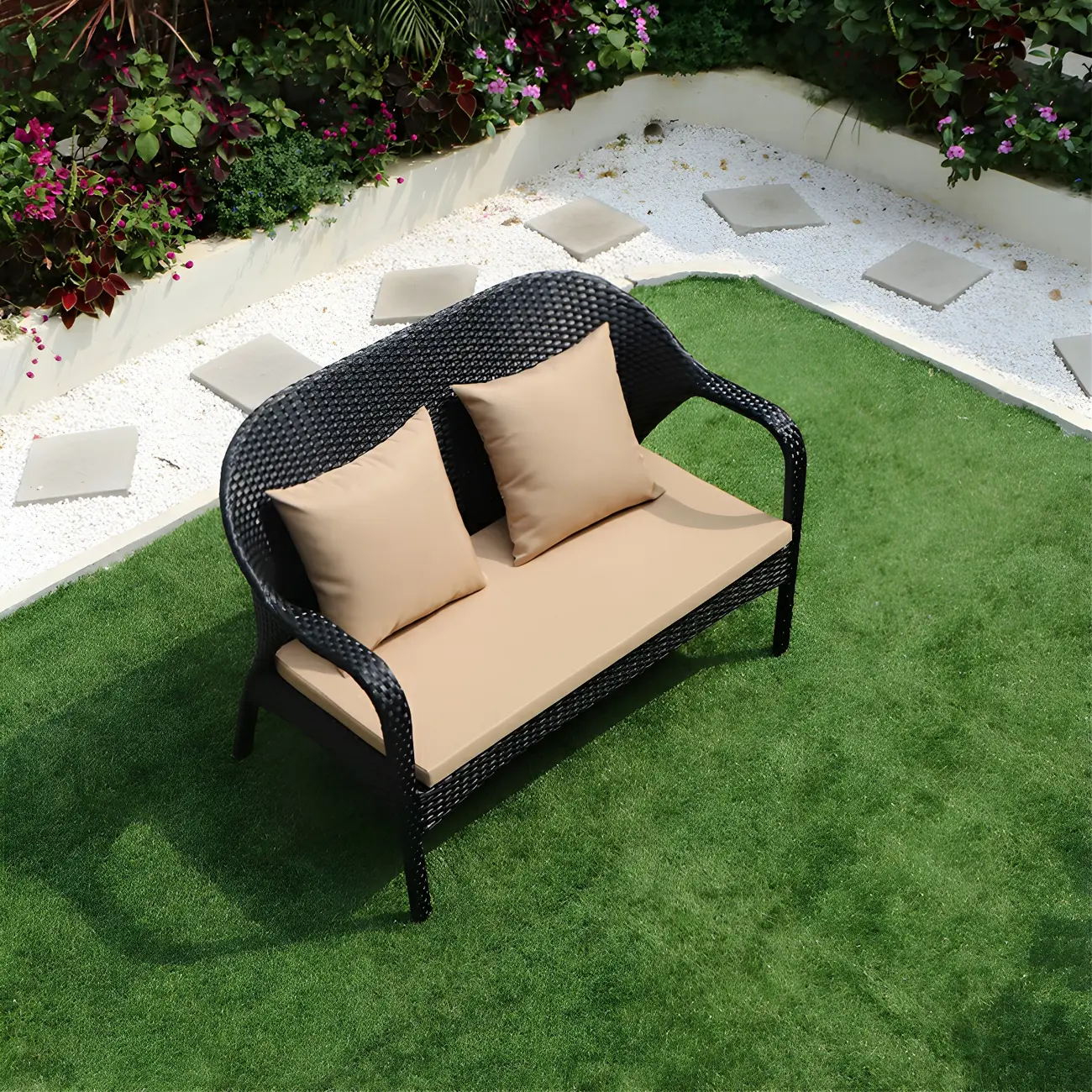 Symmetrical Modern Black Wicker Outdoor Sofa in Waterproof Image - 2 | homeyfad