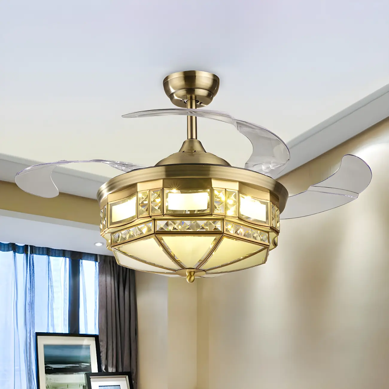 Modern Brass 3-Blade Crystal Ceiling Fan with Light Image - 1 | homeyfad