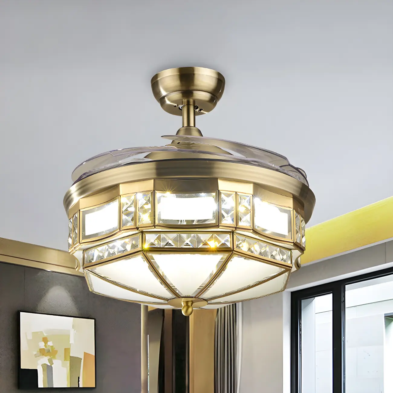 Modern Brass 3-Blade Crystal Ceiling Fan with Light Image - 2 | homeyfad