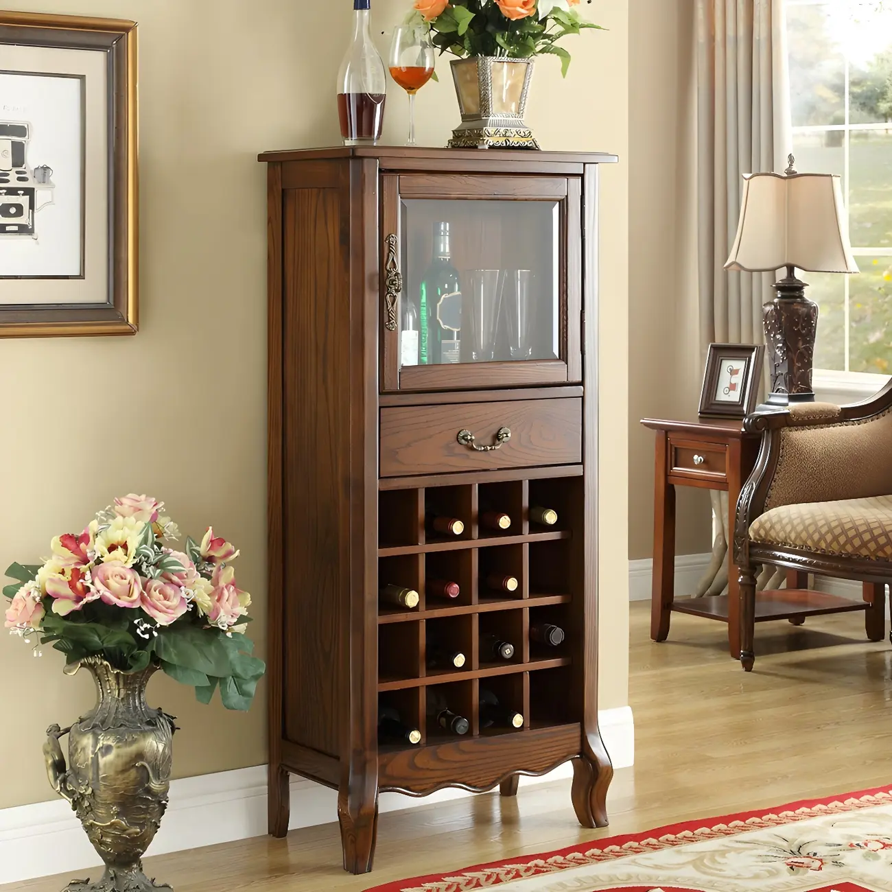 Mid-Century Modern Brown Wood Wine Cabinet with Glass Door Image - 1 | homeyfad