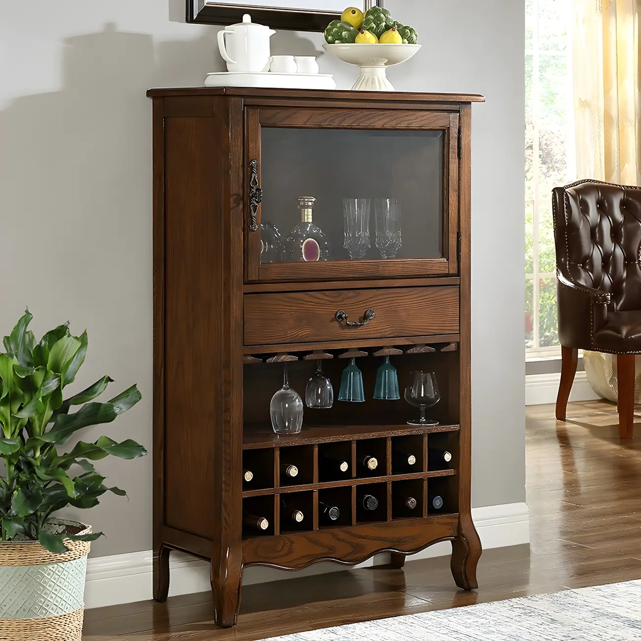 Mid-Century Modern Brown Wood Wine Cabinet with Glass Door Image - 2 | homeyfad
