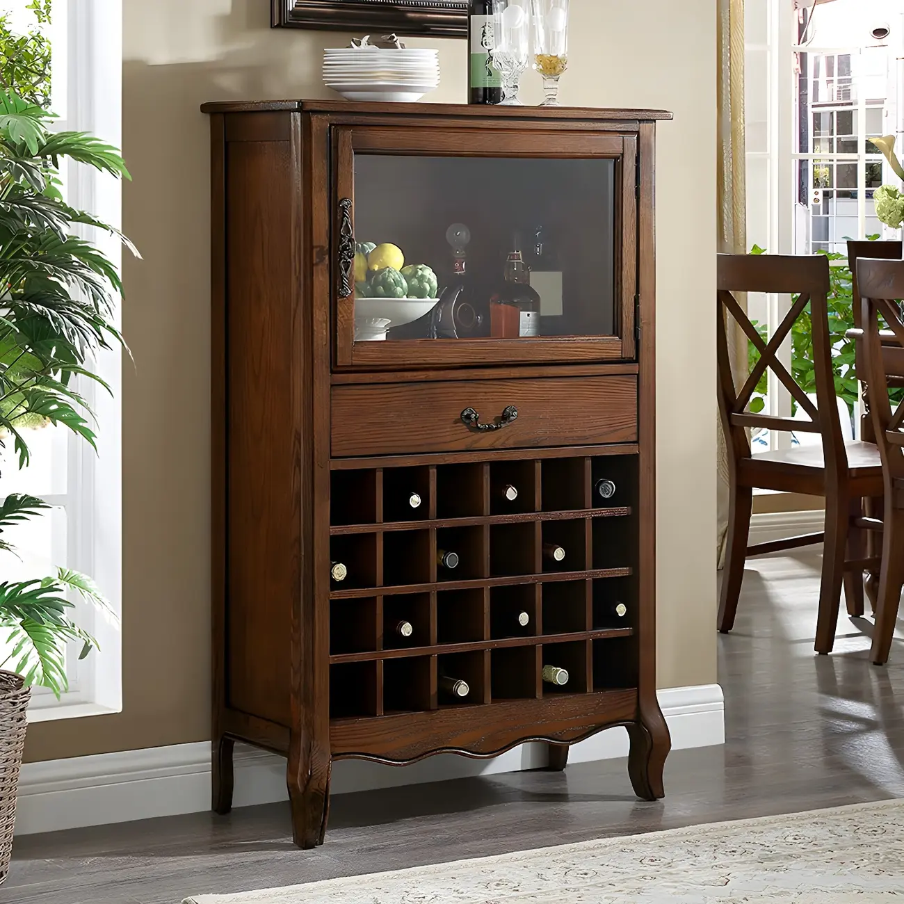 Mid-Century Modern Brown Wood Wine Cabinet with Glass Door Image - 3 | homeyfad