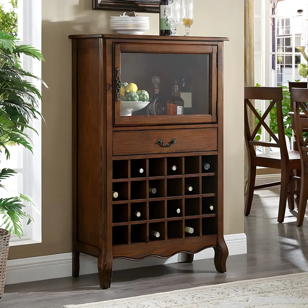 Mid-Century Modern Brown Wood Wine Cabinet with Glass Door Image - 3