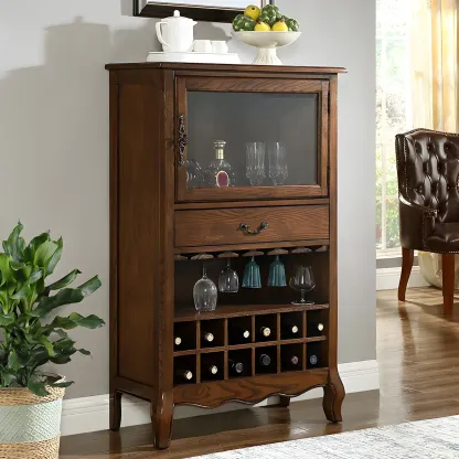 Mid-Century Modern Brown Wood Wine Cabinet with Glass Door Image - 4