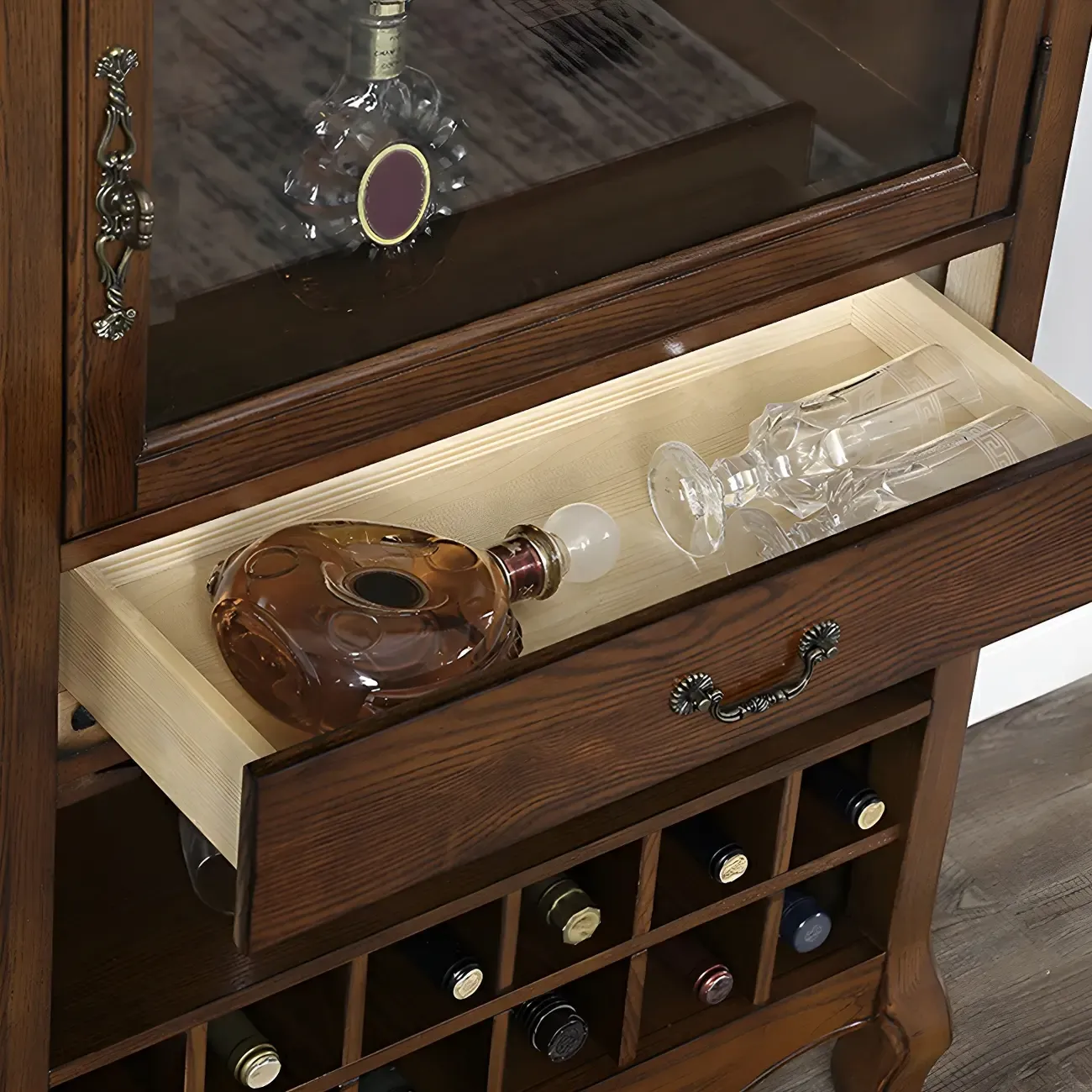 Mid-Century Modern Brown Wood Wine Cabinet with Glass Door Image - 8