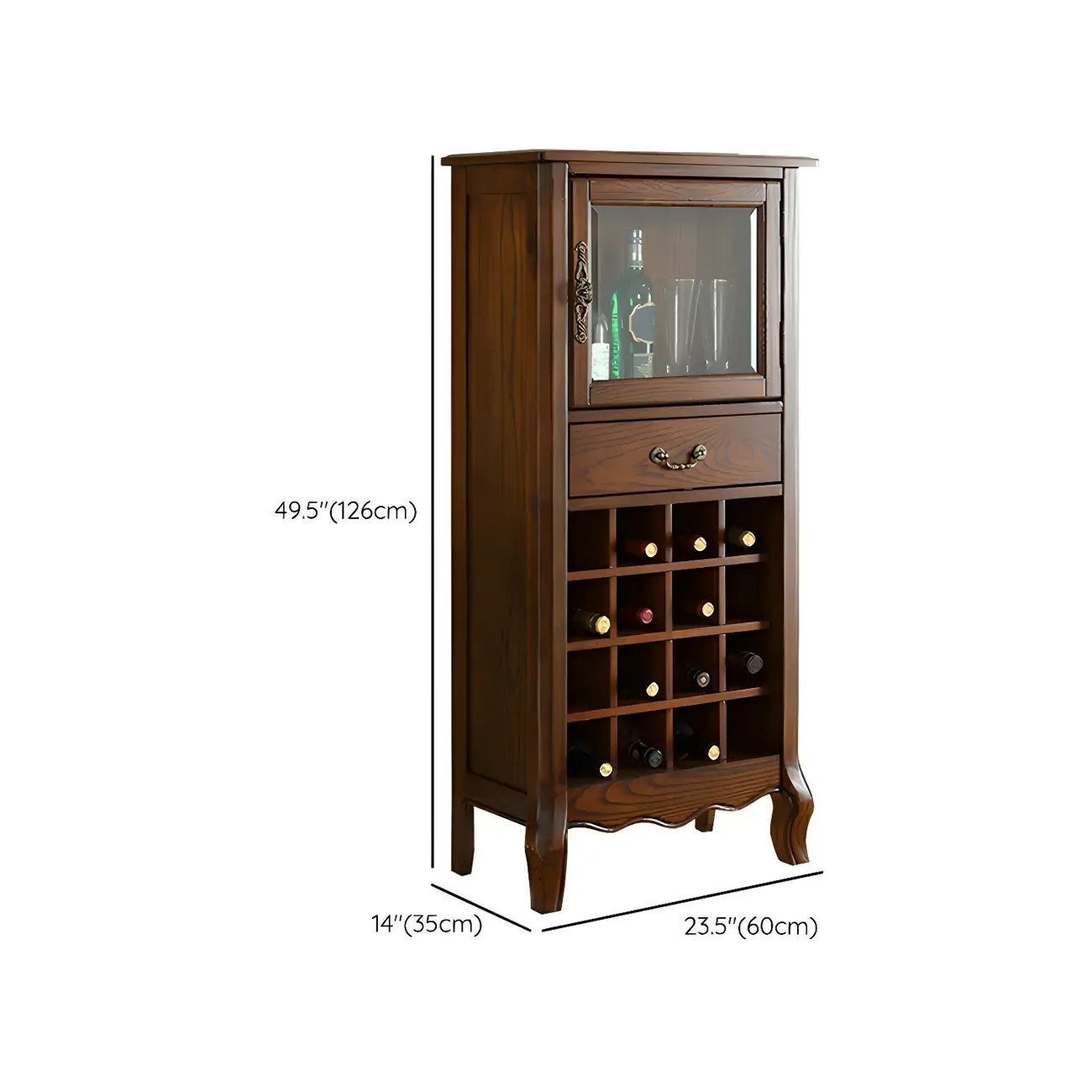 Mid-Century Modern Brown Wood Wine Cabinet with Glass Door #size