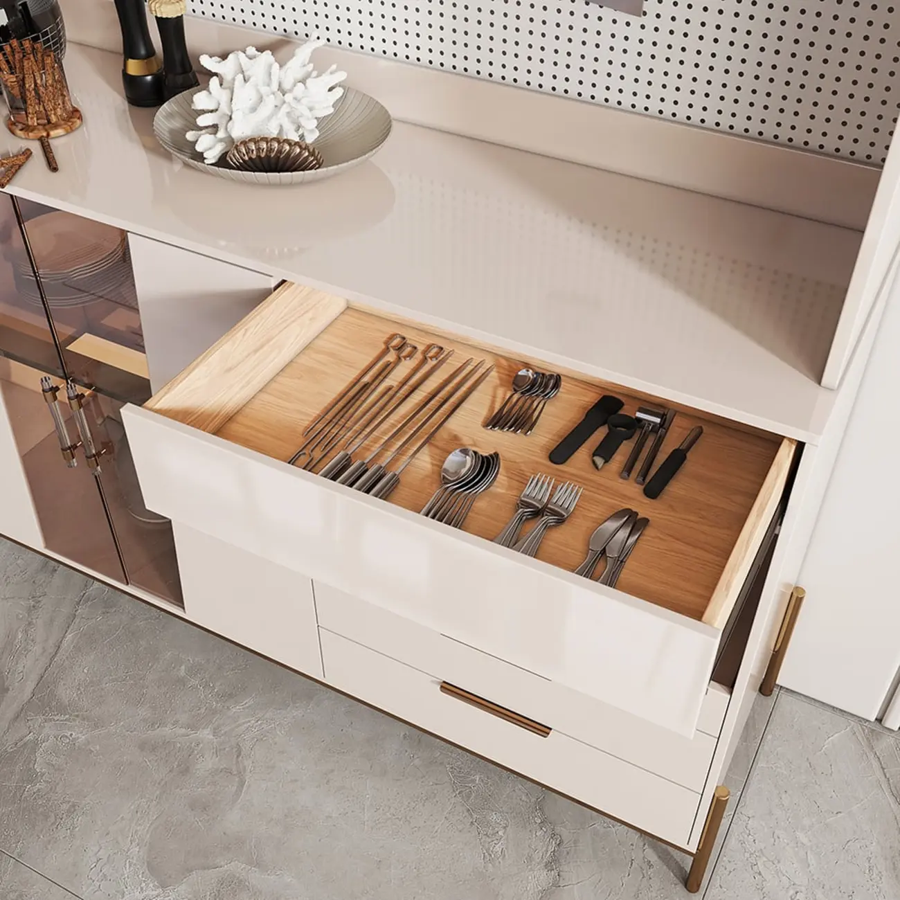 Luxury MDF Pegboard Back Gold Accents Storage Sideboard Image - 8 | homeyfad