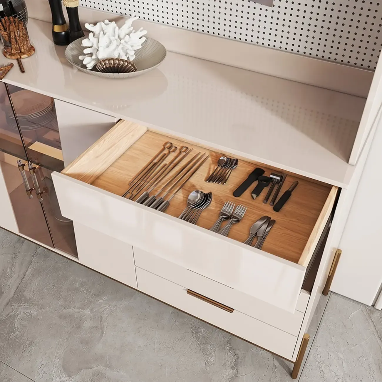 Luxury MDF Pegboard Back Gold Accents Storage Sideboard Image - 8