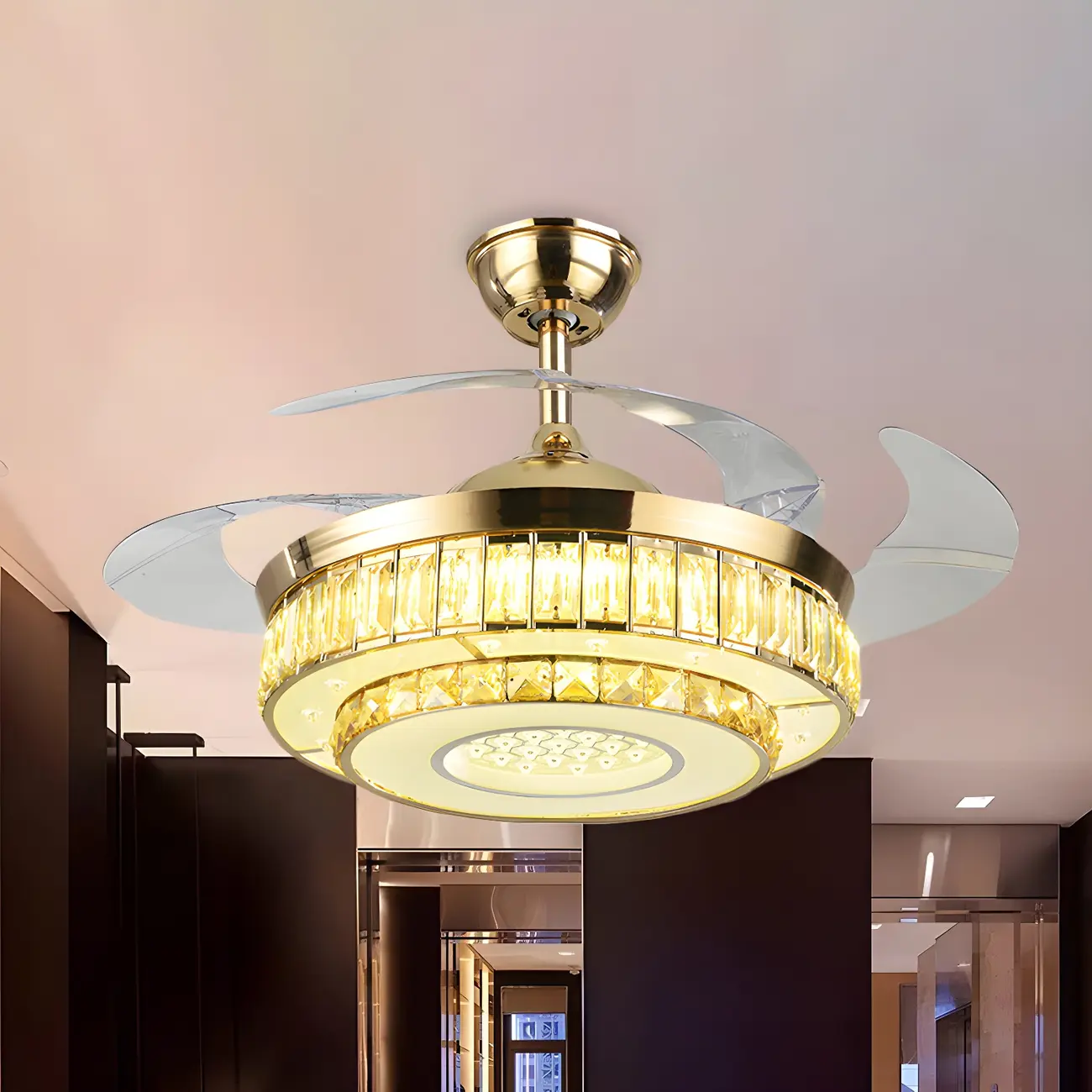 42.5" Gold 3 Blade Crystal Downrod Ceiling Fan with Light Image - 1 | homeyfad