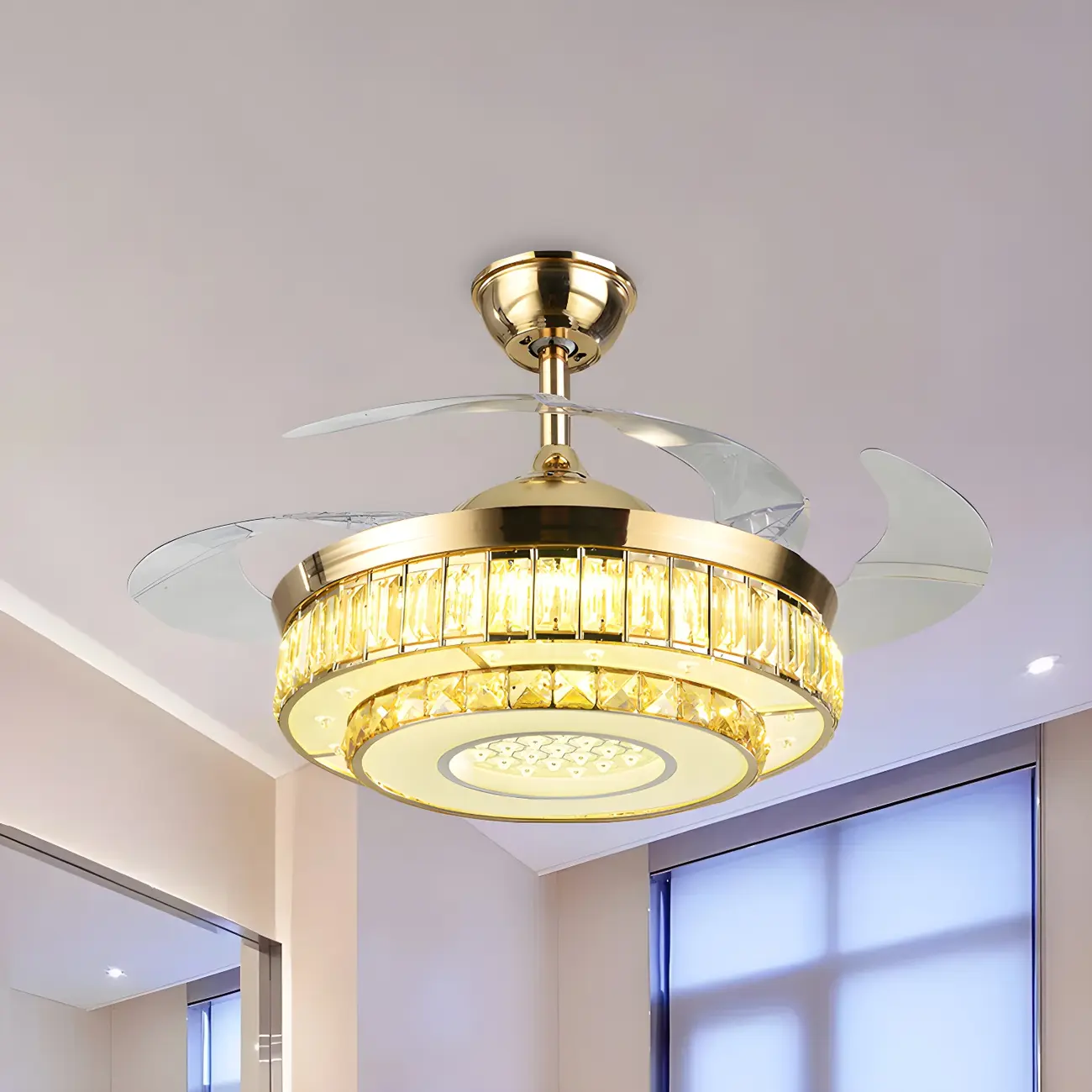 42.5" Gold 3 Blade Crystal Downrod Ceiling Fan with Light Image - 2 | homeyfad
