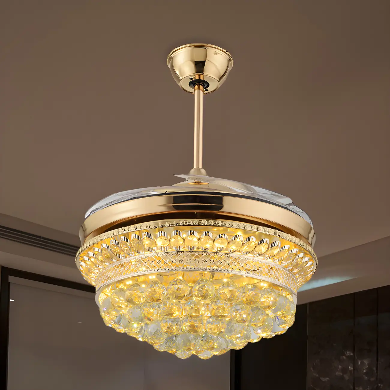 Gold Crystal 4 Blade LED Ceiling Fan with Light Image - 1 | homeyfad