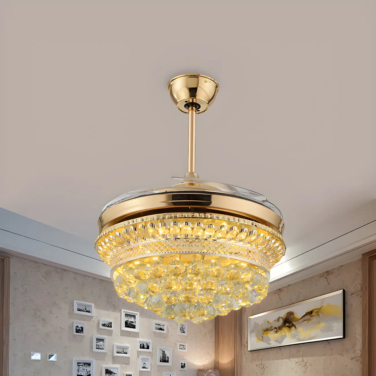 Gold Crystal 4 Blade LED Ceiling Fan with Light Image - 2 | homeyfad