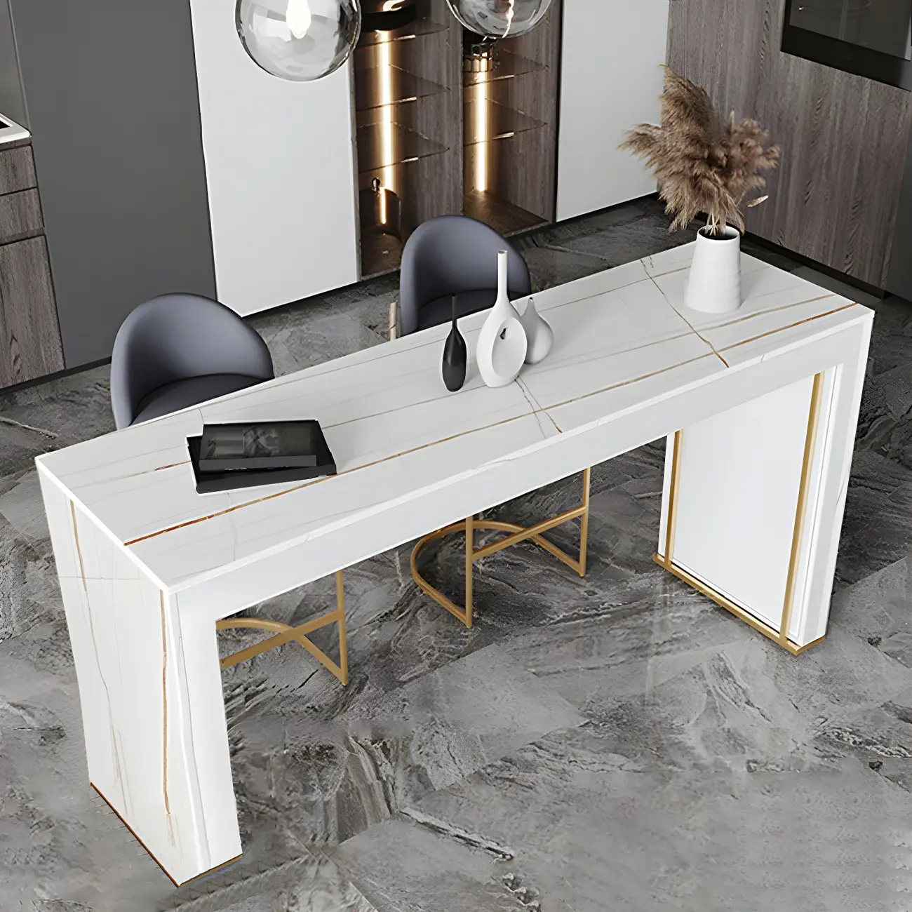 Modern White Stone Top Wood Dual-Pedestal Bar Tables Image - 1 | homeyfad