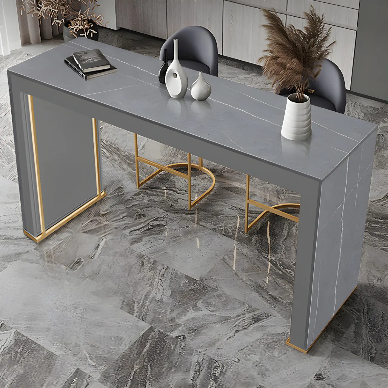 Modern White Stone Top Wood Dual-Pedestal Bar Tables Image - 2 | homeyfad