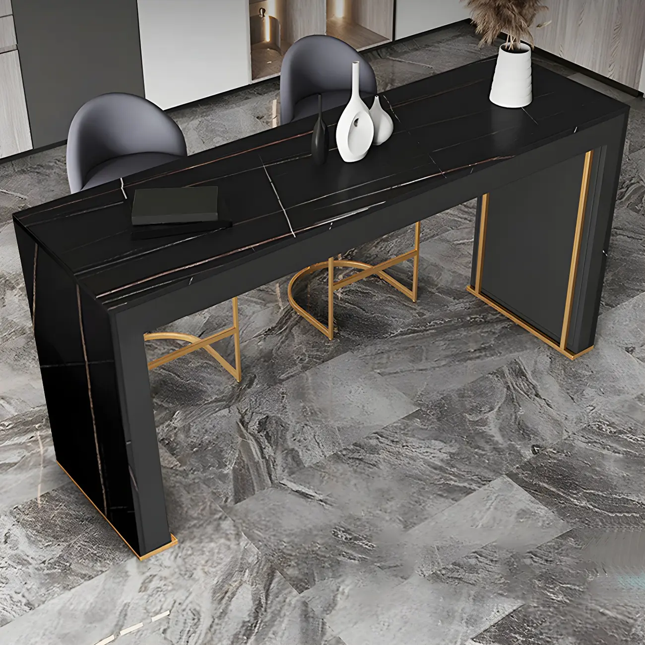 Modern White Stone Top Wood Dual-Pedestal Bar Tables Image - 3 | homeyfad