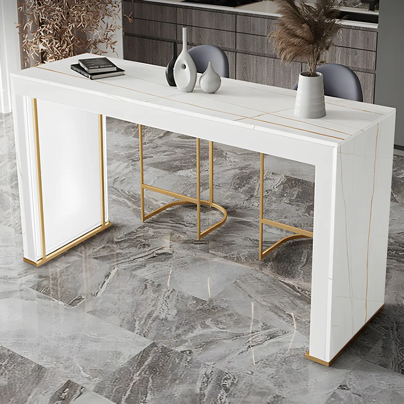 Modern White Stone Top Wood Dual-Pedestal Bar Tables Image - 4 | homeyfad
