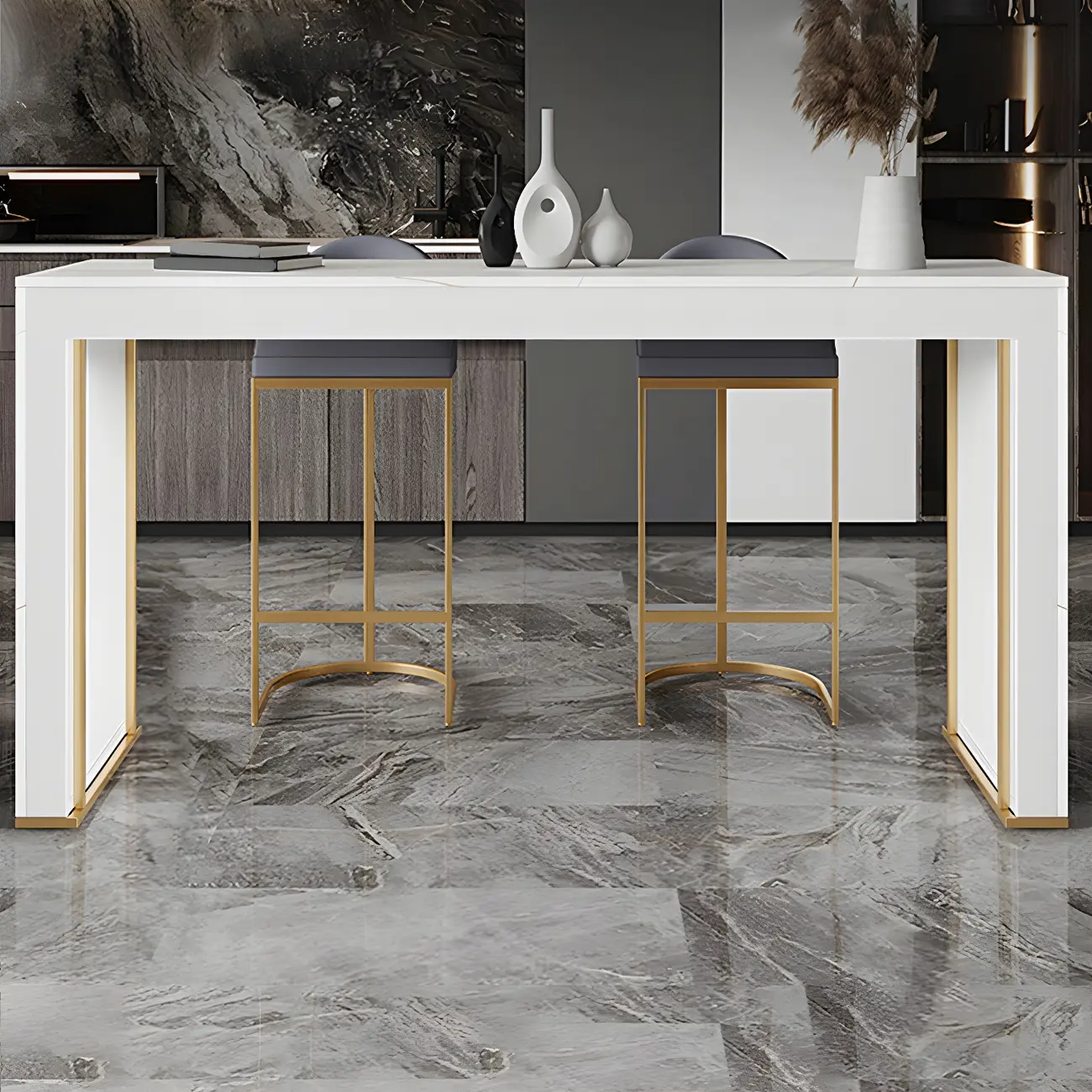 Modern White Stone Top Wood Dual-Pedestal Bar Tables Image - 8 | homeyfad