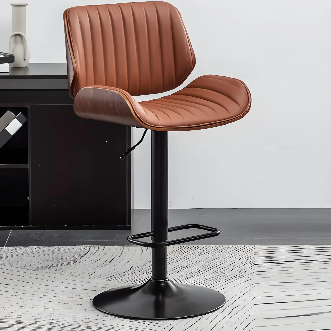 Elegant Wood Leather Red Swivel Adjustable Bar Stool Image - 3 | homeyfad