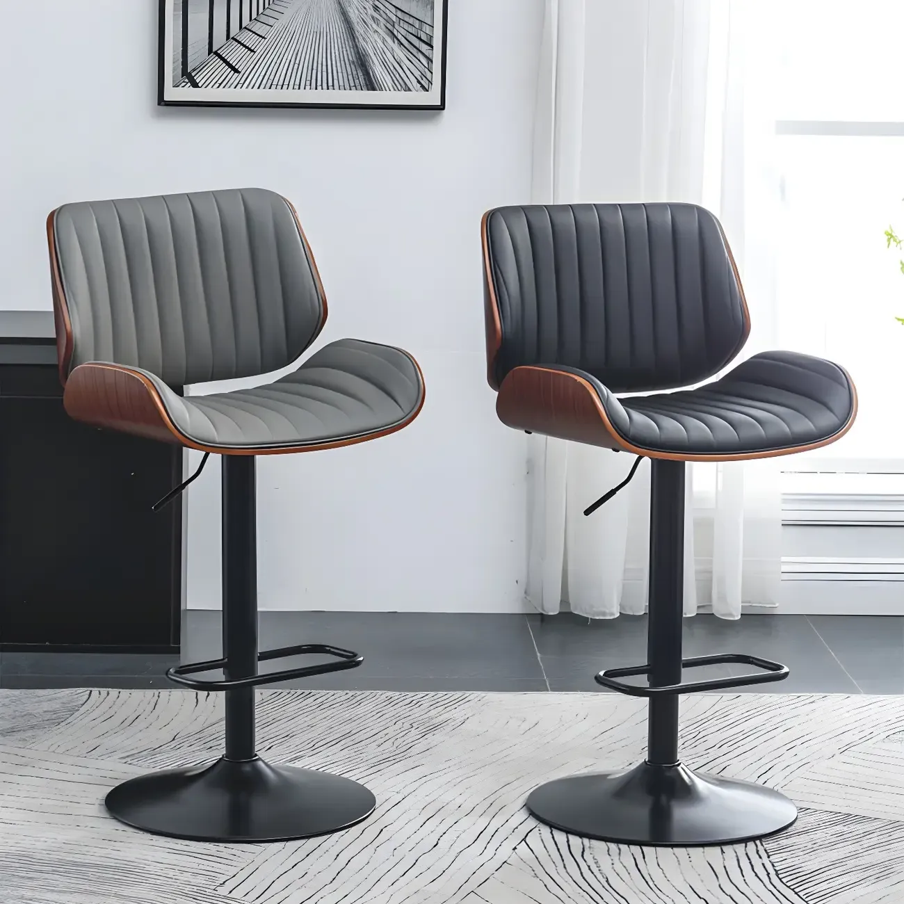 Elegant Wood Leather Red Swivel Adjustable Bar Stool Image - 12